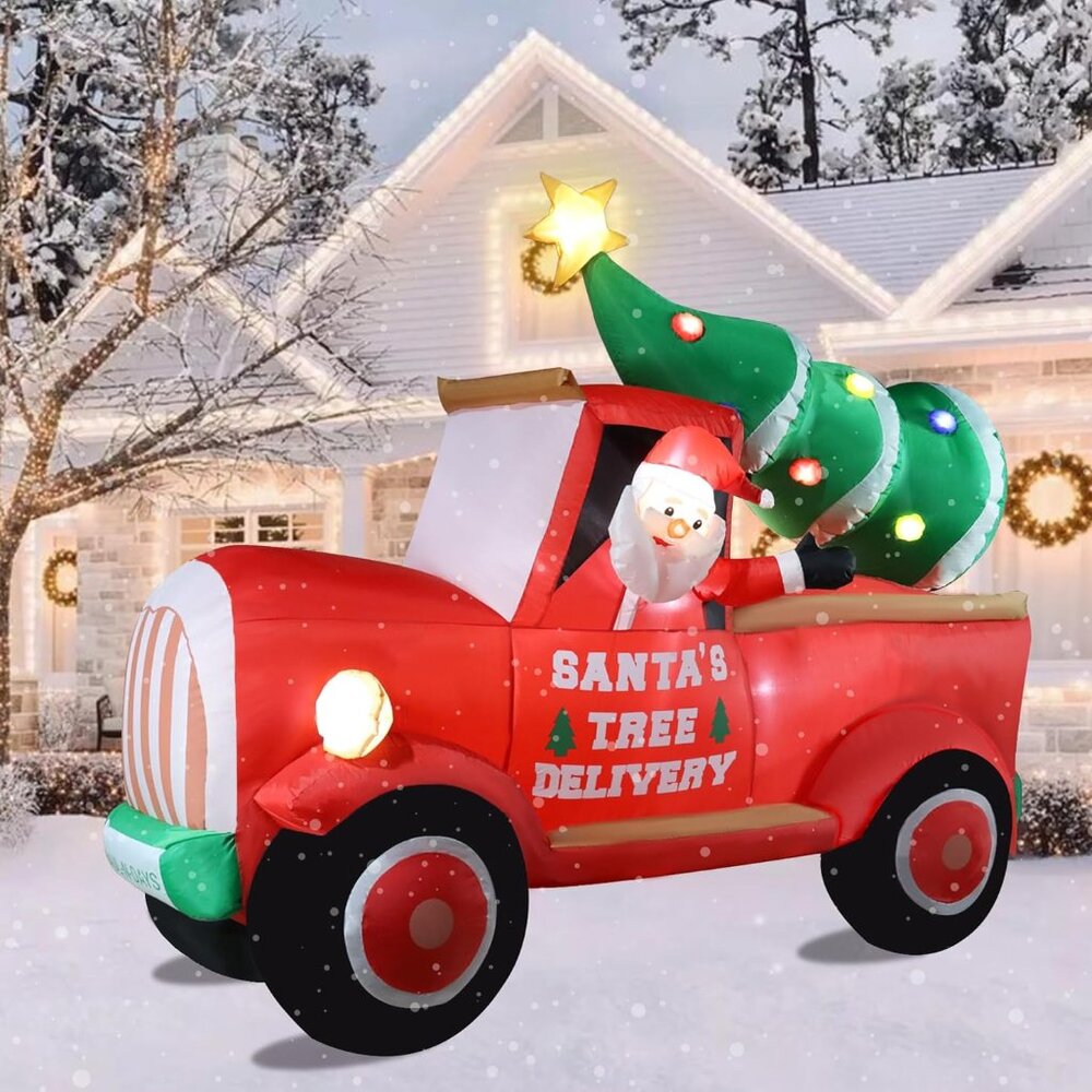 7.5 FT Red Truck Christmas Inflatables Outdoor Decorations, Weatherproof Santa C